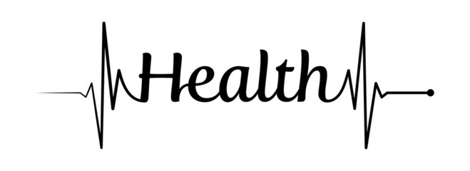 Obraz premium Health text design with ecg, ekg line isolated on white background. Healthy heart symbol to use in health industry, cardiology, medical care, hospital, health science projects.