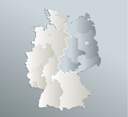 Germany map divided on West and East  map, administrative division, blue white card paper 3D, blank