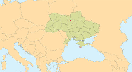 Ukraine map with individual regions and capital city, with individual neighboring states, classic color map, blank