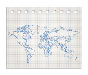World map on a realistic squared sheet of paper torn from a block, blank