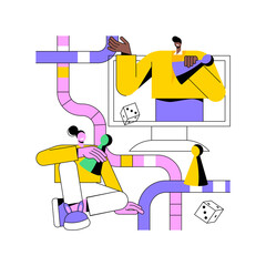Online board gaming abstract concept vector illustration. Internet entertainment, laptop screen, play strategy game, family leisure time, playing app, quarantine fun, isolation abstract metaphor.