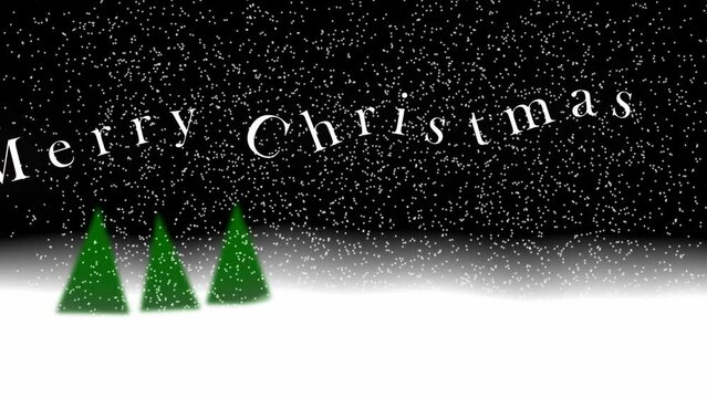 Merry Christmas greeting on trees on winter snowfall background animation 