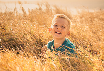 Happy cute little boy portrait smiling sitting in grass field. 