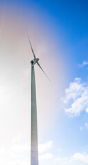View up, bottom view of wind turbine.