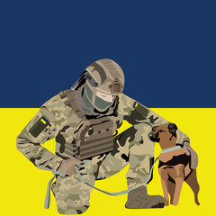 Ukrainian soldier with dog. Ukrainian flag. Ground Forces of Ukraine. Khaki texture, military army. Vector cartoon illustration.