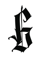 The letter in the Gothic style. Vector. Old alphabet. The symbol is isolated on a white background. Calligraphic, medieval Latin letter. Logo for the company. Monogram. An elegant font for a tattoo.