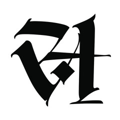 The letter  in the Gothic style. Vector. Old alphabet. The symbol is isolated on a white background. Calligraphic, medieval Latin letter. Logo for the company. Monogram. An elegant font for a tattoo.