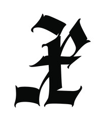 The letter  in the Gothic style. Vector. Old alphabet. The symbol is isolated on a white background. Calligraphic, medieval Latin letter. Logo for the company. Monogram. An elegant font for a tattoo.