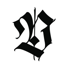 The letter  in the Gothic style. Vector. Old alphabet. The symbol is isolated on a white background. Calligraphic, medieval Latin letter. Logo for the company. Monogram. An elegant font for a tattoo.