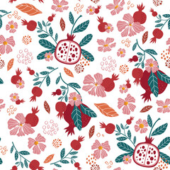 Vector seamless pattern with pomegranate fruits and flowers on pink background. Design for cosmetics, spa, pomegranate juice, health care products, perfume. Best for textile or wrap