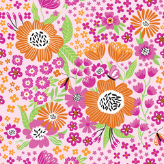 Fototapeta premium Garden flower, plants, botanical, seamless pattern vector design for fashion, fabric, wallpaper and all prints. Cute pattern in small flower. Small colorful flowers.