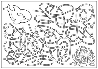 Maze game and labyrinth for children. Kids riddle and coloring book find way for sea fish. Education activity page and worksheet. Cartoon vector illustration of cute killer whale.