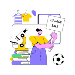 Garage sale abstract concept vector illustration. Flea market, second hand goods, garage selling day, vintage clothing give away, used inventory, yard pop up rummage sale abstract metaphor.