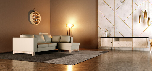 Cozy Modern Minimalist Scandinavian Interior Living Room With White Sofa On Wooden Floor With Luxury Carpet And Golden Elements Wall Stone Decoration Warm Night Light 3D Rendering Illustration