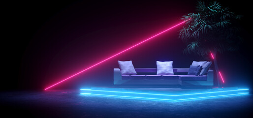 Sci Fi Futuristic Modern Dark Retro Laser Lights Neon Glowing Purple Blue Lights Bar Disco Party Room With Sofa Couch And Palm Tree Stage Show 3D Rendering - obrazy, fototapety, plakaty
