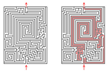 Vector rectangular labyrinth with entry and exit. Difficulty level - hard. Maze with solution - red passing route. Children logic game for brain training isolated on white background.