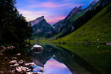 Seealpsee lake and the Grenzchopf mountain in the Appenzell region of Swiss Alps, Switzerland, 