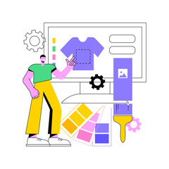 Merch clothing abstract concept vector illustration. Event apparel, custom merchandise products, merch design service, branded print on clothing, merch maker online website abstract metaphor.