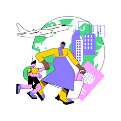 Fototapeta premium Female migrant abstract concept vector illustration. Female migrant worker, international marriage, philippine indian muslim woman, passport and documents, house cleaner, refugee abstract metaphor.