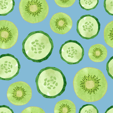 Seamless Fruit And Vegetable Pattern With Watercolor Kiwi And Cucumber Slices. Green Food Background