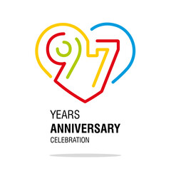 97 years anniversary celebration decoration colorful number bounded by a loving heart modern love line design logo icon white background - obrazy, fototapety, plakaty