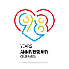 98 years anniversary celebration decoration colorful number bounded by a loving heart modern love line design logo icon white background