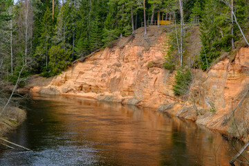 The Echo cliff near river Salaca in Mazsalaca nature park. Beautiful natural formation. A naturally...