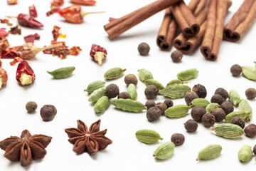 Allspice among cardamom seeds, star anise and cinnamon sticks.