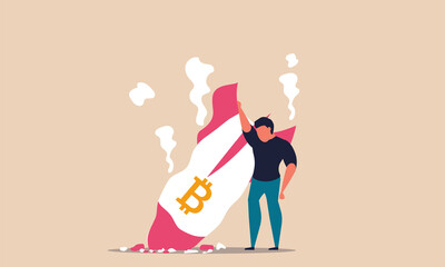 Bitcoin down and crypto currency price exchange. Rocket btc fall with volatility investment vector illustration concept. Commerce collapse and stock money reduction. Virtual trade blockchain fail