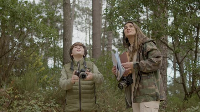 Beautiful woman and her son exploring wildlife and birdwatching in natural park on autumn day. Curious boy taking photo of birds, then showing picture to his mother. Nature, discovery concept