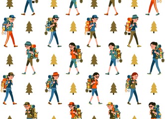 Womans hikers with backpack seamless pattern. Hiking endless pattern. Vector image.