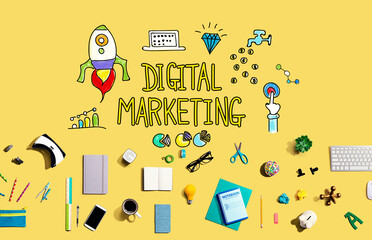 Digital marketing with collection of electronic gadgets and office supplies