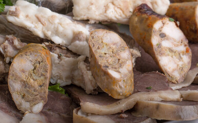The cold cuts are beautifully served in the restaurant. Sausage Meat Kazy is a national dish of the Kazakh peoples, Horse meat. Delicacy of Kazakhstan.
