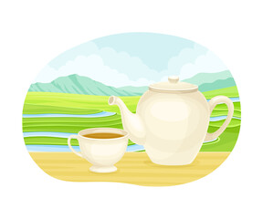 Tea Green Terrace Field Plantation and Teapot with Hot Aromatic Beverage Brewing Vector Illustration