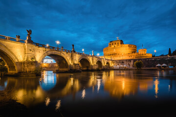 Mausoleum of Hadrian or Castel Sant'Angelo in Rome under the Blue Hour Sky at Dusk