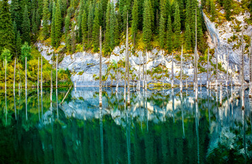 Lake Kaindy sunken forest in Kazakhstan. Beautiful mountain nature landscape. Blue lake Kolsai top view. Panoramic view of the nature reserve.