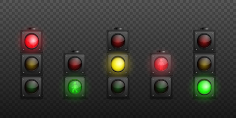 Vector 3d Realistic Detailed Road Turned on Traffic Light Icon Set Isolated. Safety Rules Concept, Design Templete. Stoplight, Traffic Lights
