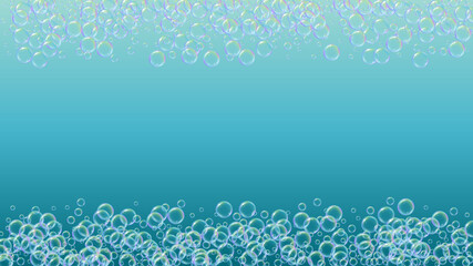 Fototapeta na wymiar Bubble background with shampoo foam and detergent soap. 3d vector illustration poster. Blue Aqua fizz and splash. Realistic water frame and border. colorful liquid bubble background.