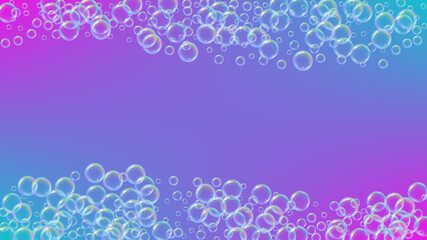 Fototapeta na wymiar Soap bubble. Detergent bath foam and suds for bathtub. Shampoo. 3d vector illustration design. Rainbow fizz and splash. Realistic water frame and border. Aqua colorful liquid soap bubble.
