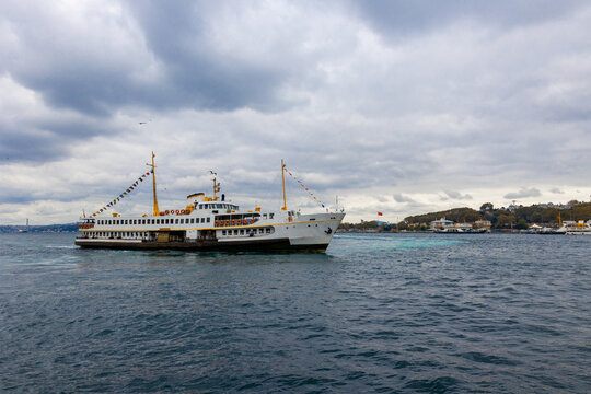Famous ferries of Istanbul. Istanbul view with cloudy sky and ferries.
