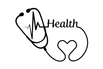 Abstract stethoscope with health text, ekg line design isolated on white background. Healthcare sign to use in health industry, cardiology, medical care, hospital, health science projects.