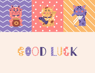 Maneki neko good luck banner, japanese lucky cat, fortune symbol. Cute kitty character of oriental flat vector illustration