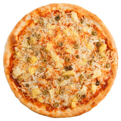 Delicious classic Hawaiian Pizza with chicken, pineapple, olives and mozzarella cheese