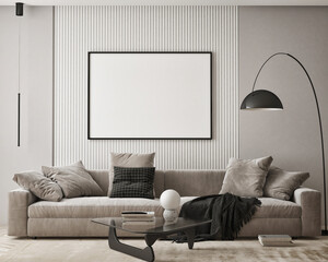 mock up poster frame in modern interior background, living room, Scandinavian style, 3D render, 3D illustration