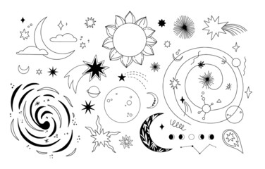 Outline vector illustrations - Universe signs. Linear planets with satellites, stars and other signs. Space and galaxy. Perfect for logo, card, print, branding, stickers