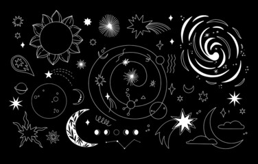 Outline vector illustrations - Universe signs. Linear planets with satellites, stars and other signs. Space and galaxy. Perfect for logo, card, print, branding, stickers