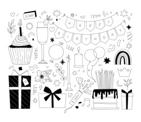 Minimalist vector illustrations - happy birthday outline elements in 80s - 90s style. Cake, cupcake, candles, stars, champagne and other drawings. Perfect for bday cards, posters, prints, blogs