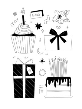 Minimalist vector illustrations - happy birthday outline elements in 80s - 90s style. Cake, cupcake, candles, stars, gifts and presents. Perfect for bday cards, posters, prints, blogs