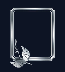 Frame with rising flying Dragon breathing fire. Art in silver and black colors. Vector illustration. Works well as label, icon, emblem, design element, print, mascot. Empty space for your text