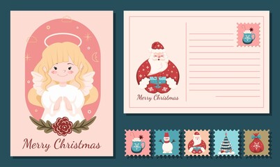 Christmas card design. On the front side there is an angel girl, on the back there is Santa Claus and lines for writing. Illustration for vector editing.